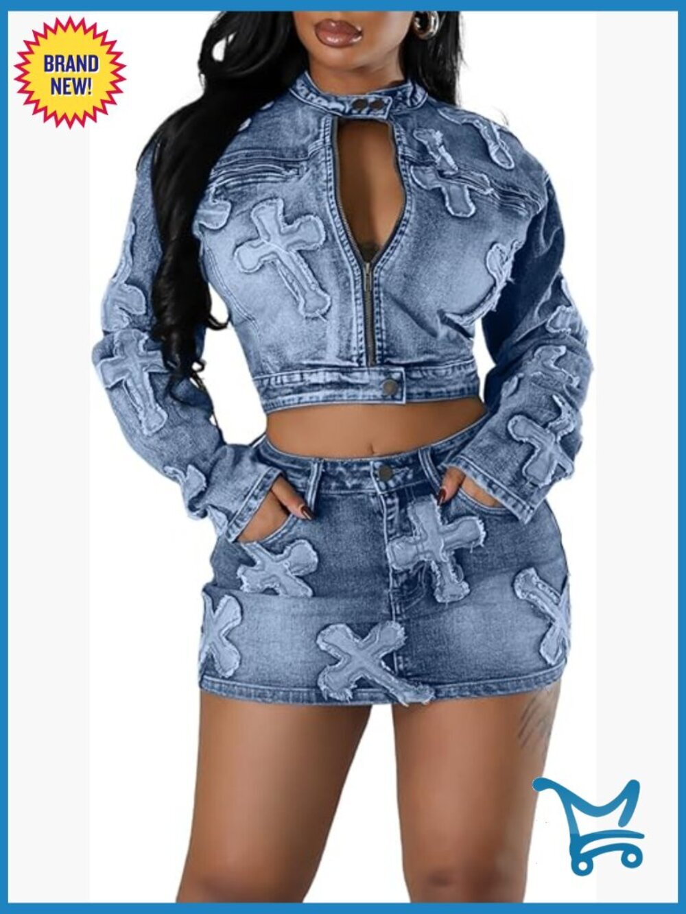 Sexy 2 Piece Denim Outfit Zip Up Jacket Bodycon Mini Skirt Set
